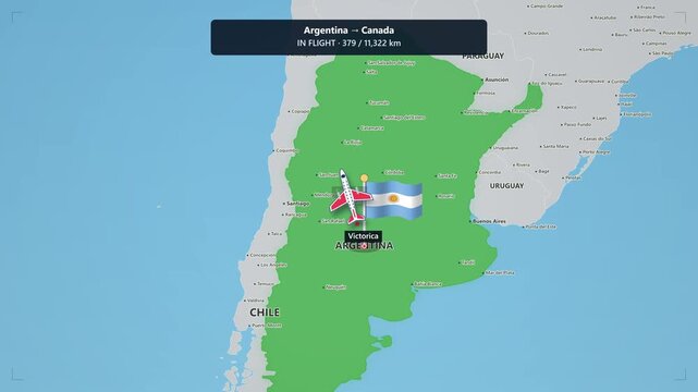 Animated flight route map from argentina to canada: airplane traveling across americas with distance tracker flag markers