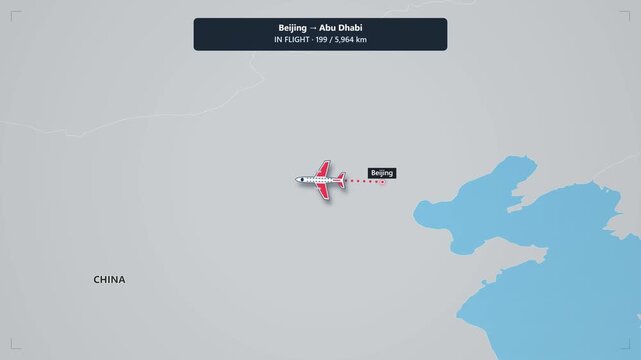 Animated flight route map from beijing to abu dhabi showing airplane journey progress and distance tracker