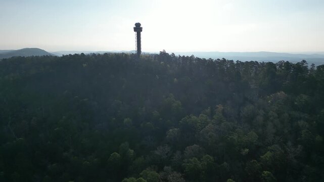 Aerial view of observation tower on forested hill.