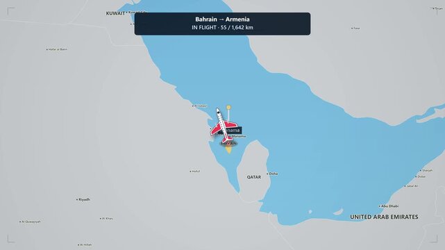 Animated flight route map from bahrain to armenia: airplane traveling across middle east caucasus journey