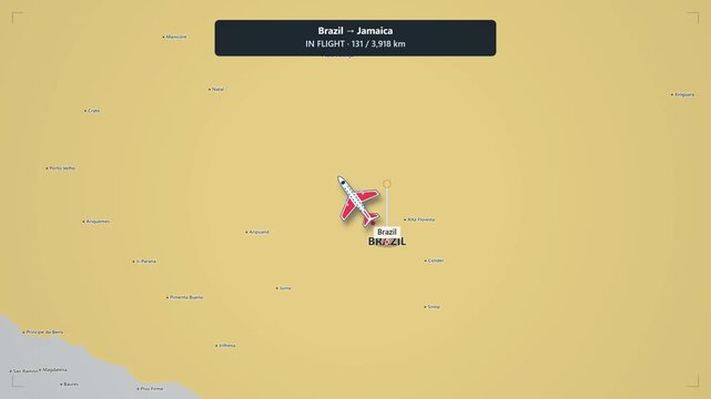 Animated flight route map from brazil to jamaica tracking airplane travel journey across south america and the caribbean sea with country flags and distance counter