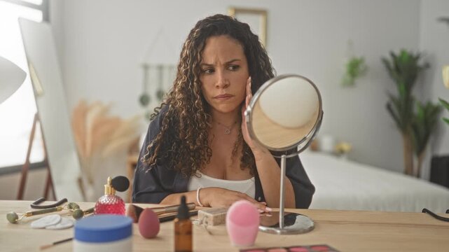 Woman with curly hair touching cheek while examining skin with mirror and cosmetics on vanity in building; self care concern.