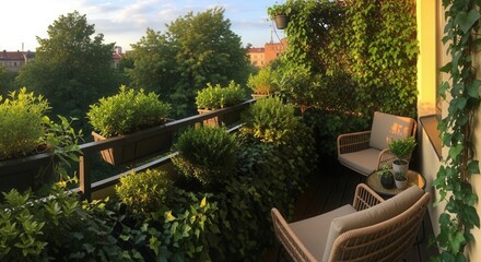 Obraz premium Serene Balcony Oasis Lush Greenery And Cozy Seating Invites Relaxation