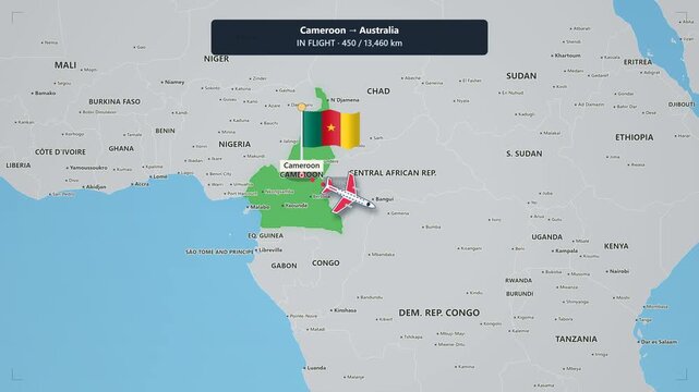 Animated flight route map from cameroon to australia with airplane tracking across continents and oceans for travel and logistics concepts