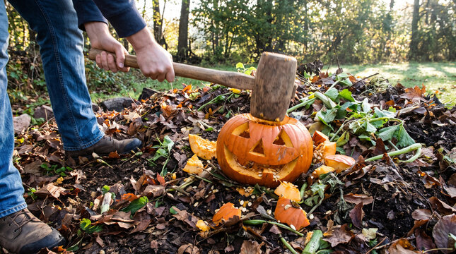 smashing a halloween pumpkin with a wooden mallet