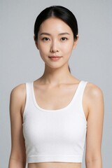Fototapeta premium Young Asian woman with clear skin poses indoors. She has dark hair pulled back, wearing white tank top. Her face is smooth, showing gentle, calm expression, looking directly forward with subtle smile.