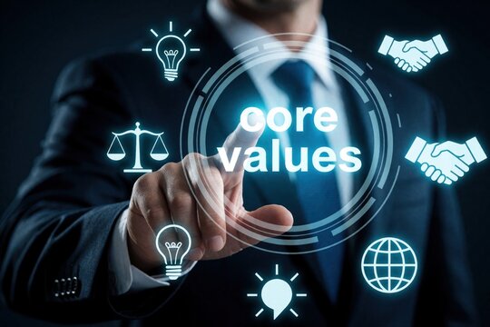 Man in suit touches glowing core values interface. Business ethics, integrity icons surround digital circle. Leadership, trust, innovation symbols displayed on dark background.
