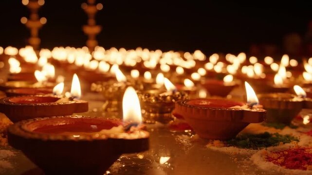 Traditional Diwali clay oil lamps glowing with warm flickering flames creating a peaceful spiritual atmosphere during festival night celebration
