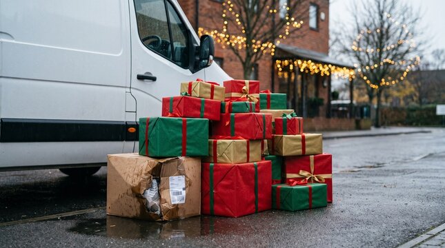 Damaged package beside Christmas gifts and delivery van on street