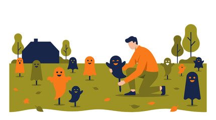 Fototapeta premium Man decorating front yard garden with cute spooky halloween ghost figures flat vector illustration. EPS Editable. Vector Illustrations.