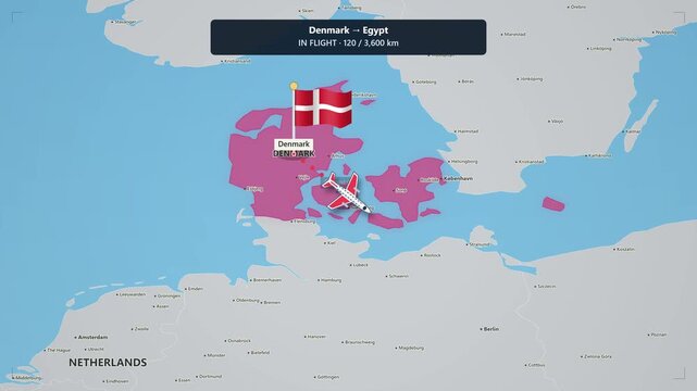 Animated flight route map from denmark to egypt tracking airplane journey across europe and the mediterranean sea with distance counter and destination flag