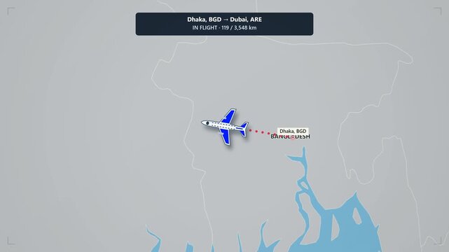 Animated flight route map from dhaka bangladesh to dubai uae tracking airplane journey across map animation