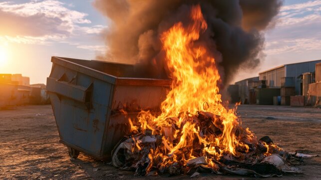 Blaze in a Dumpster: Emergency Response to Raging Fire in an Industrial Area at Sunset