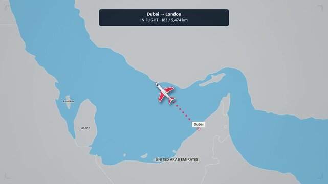 Animated flight route map from dubai to london tracking airplane journey on digital navigation screen