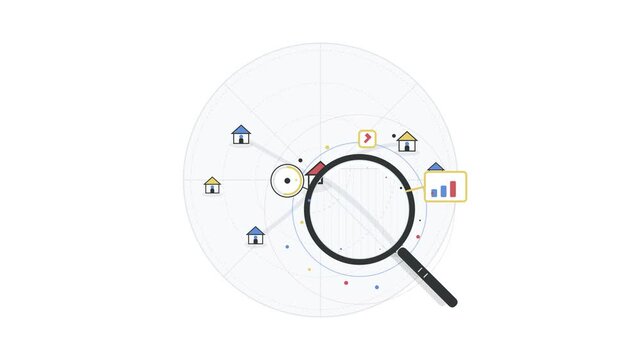 Magnifying Glass Scanning Real Estate Network Diagram with House Icons