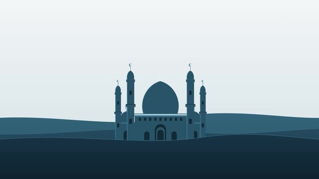 Minimalist mosque building animation with rising domes and towers at dawn