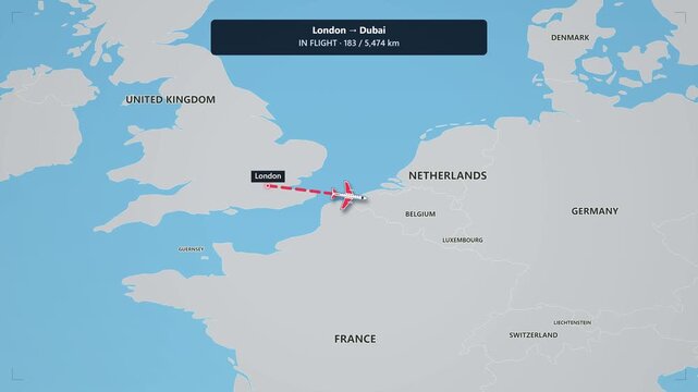 Animated flight route map from london to dubai tracking airplane journey across continents and distance