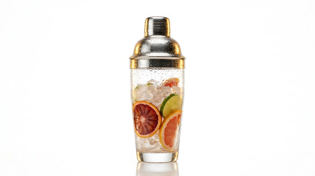 Cocktail shaker filled with ice citrus slices and water droplets isolated on white background