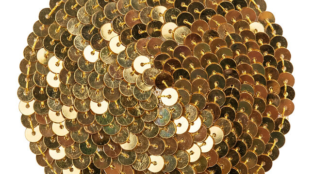 Close up of gold sequins texture with clean edges and macro detail on white background