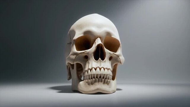 An macro video of a human skull, moving from extreme close-ups of bone grains to a full reveal
