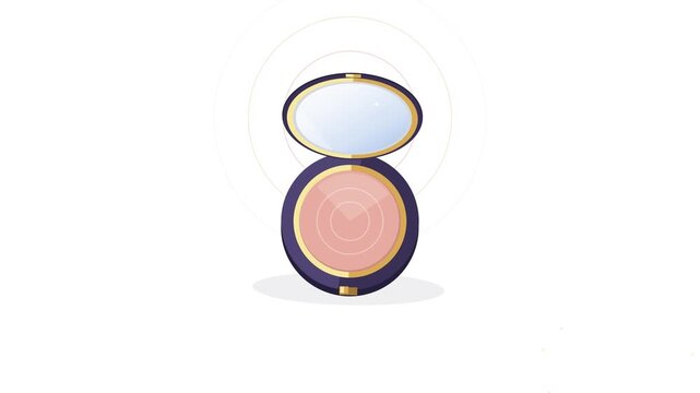 Open makeup compact with pink powder and mirror animated on white background