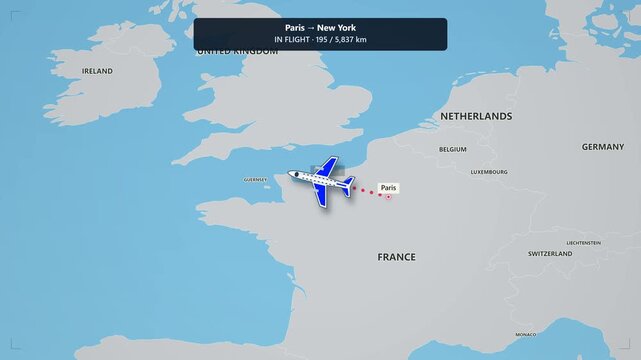 Animated flight route map from paris to new york showing transatlantic airplane travel and distance tracking across europe and north america
