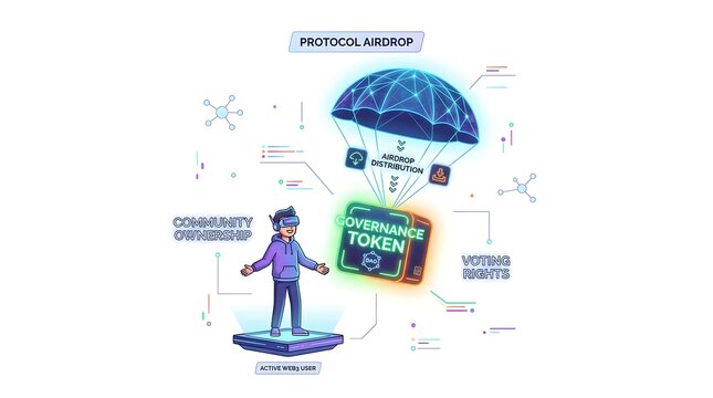 Protocol airdrop with governance token and active web3 user illustration