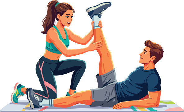 Female trainer helping man with hamstring stretch on exercise mat