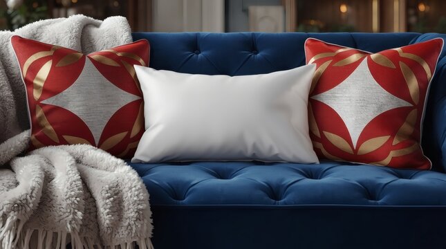 Blue velvet tufted sofa with decorative red and gold patterned pillows and a white throw blanket