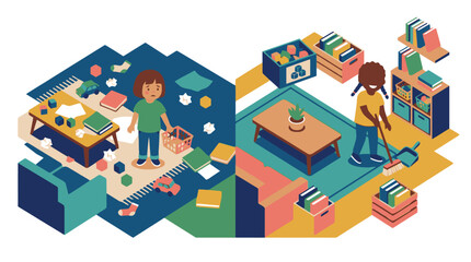 Fototapeta premium Children exploring colorful isometric library with books and bookshelves illustration. EPS Editable. Vector Illustrations.