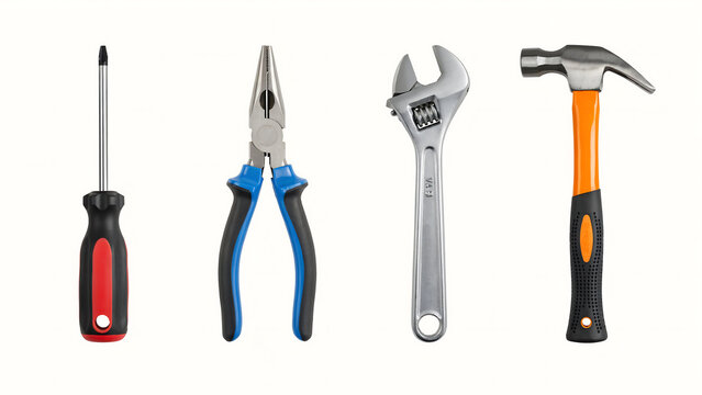 A comprehensive collection of essential hand tools including a screwdriver, pliers, an adjustable wrench, and a hammer, ready for various tasks