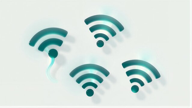 Wireless signals connect devices with glowing teal icons against a soft gray background.