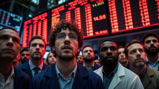 Men watch red stock market tickers showing losses. Traders react with shock and worry to financial crisis. Trading floor shows economic downturn and market crash.