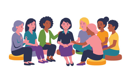 Fototapeta premium Diverse women sitting in circle having supportive group therapy session. EPS Editable. Vector Illustrations.