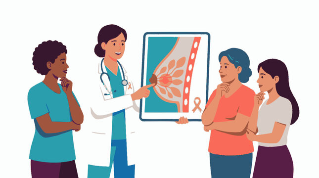 Diverse women consulting healthcare professional about breast cancer awareness information. EPS Editable. Vector Illustrations.