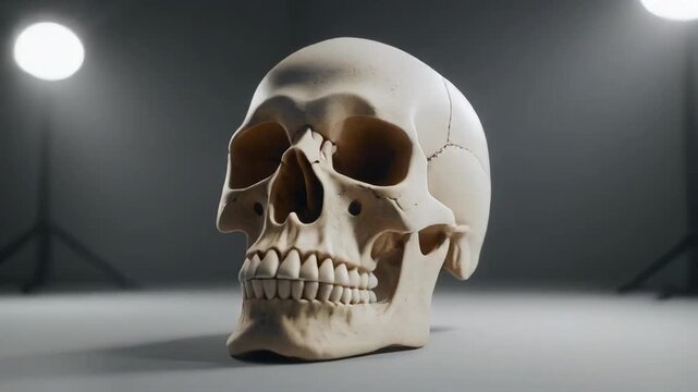 An macro cinematic exploration video of a human skull, moving from extreme close-ups of bone grains to a full reveal