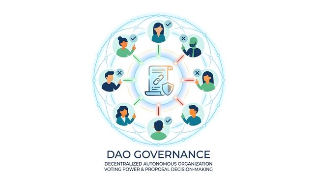 Decentralized autonomous organization governance illustration with figures and document icon