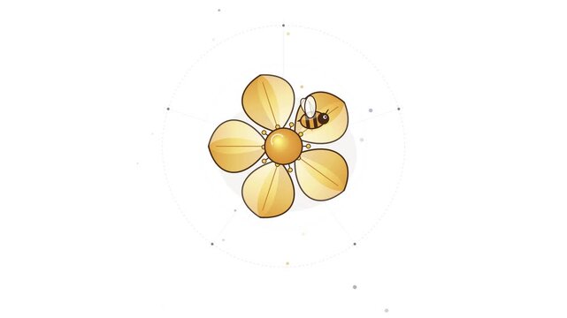Animated Golden Flower Blooming and Honeybee Flying on White Background