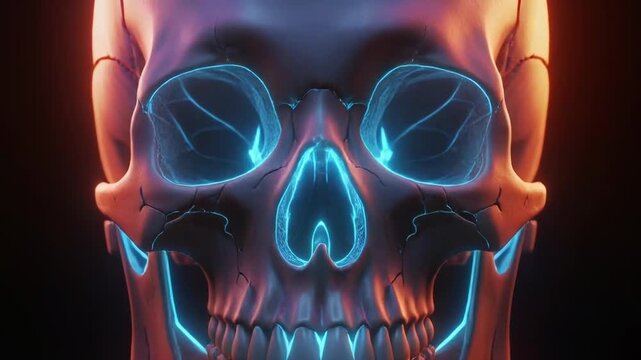 A realistic human skull gently levitating in a bright, high contrast studio setup, illuminated by dynamic multi directional soft lights