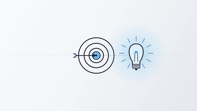 Animated vector arrow hitting bullseye target and turning on lightbulb