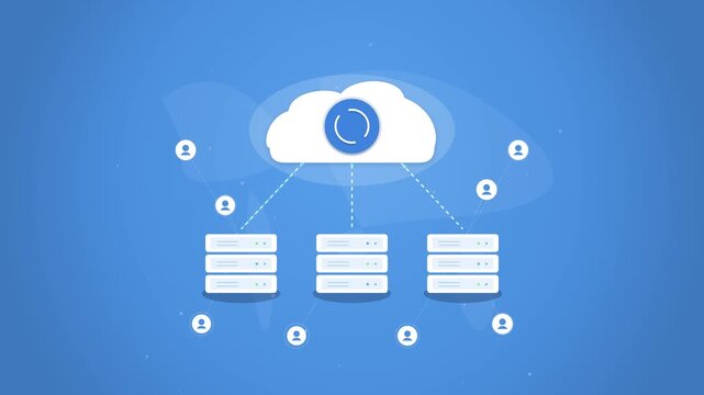 Cloud computing network animation with data servers and user icons connecting