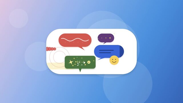 Colorful speech bubbles and chat icons animating on a soft blue background