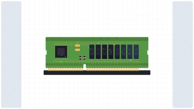 Computer memory module installation animation showing data transfer and circuit board connectivity