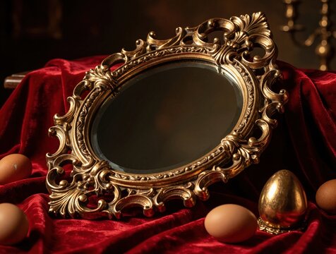 Ornate gold mirror with a fancy frame sits on red velvet. Beside it are brown eggs and a shiny golden egg. Dark background creates a dramatic still life composition, rich and luxurious mood.