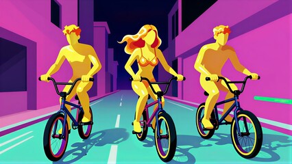 Fototapeta premium Three vibrant cyclists ride down a neon-lit urban street at night.