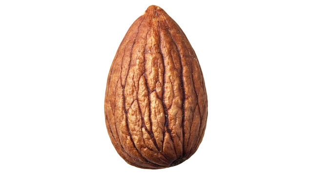 Studio shot of a single brown almond nut, showcasing its natural texture and healthy appearance, isolated on a clean white background