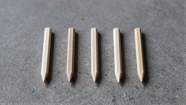 Five wooden dowels lie neatly aligned on a textured gray surface.