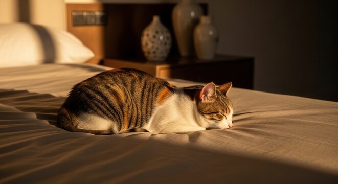 Serene Feline Napping Bathed In Warm Golden Sunlight On A Cozy Bed
