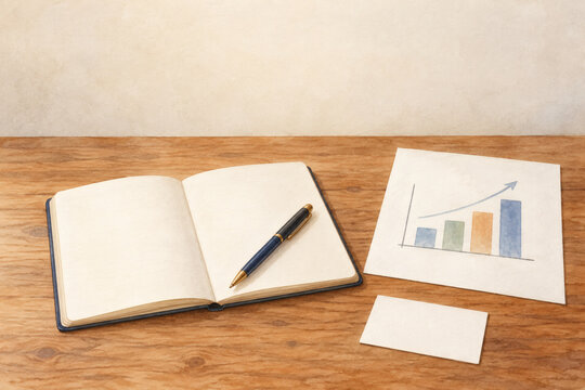 Watercolor illustration of an open blank notebook, a pen, a blank card and a hand drawn bar chart on paper