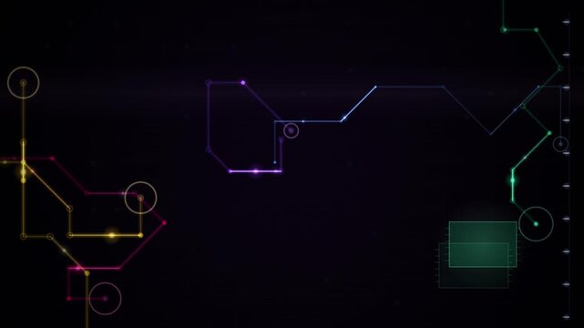 Animated dark loop featuring colorful circuit lines and glowing nodes forming a futuristic technology background overlay